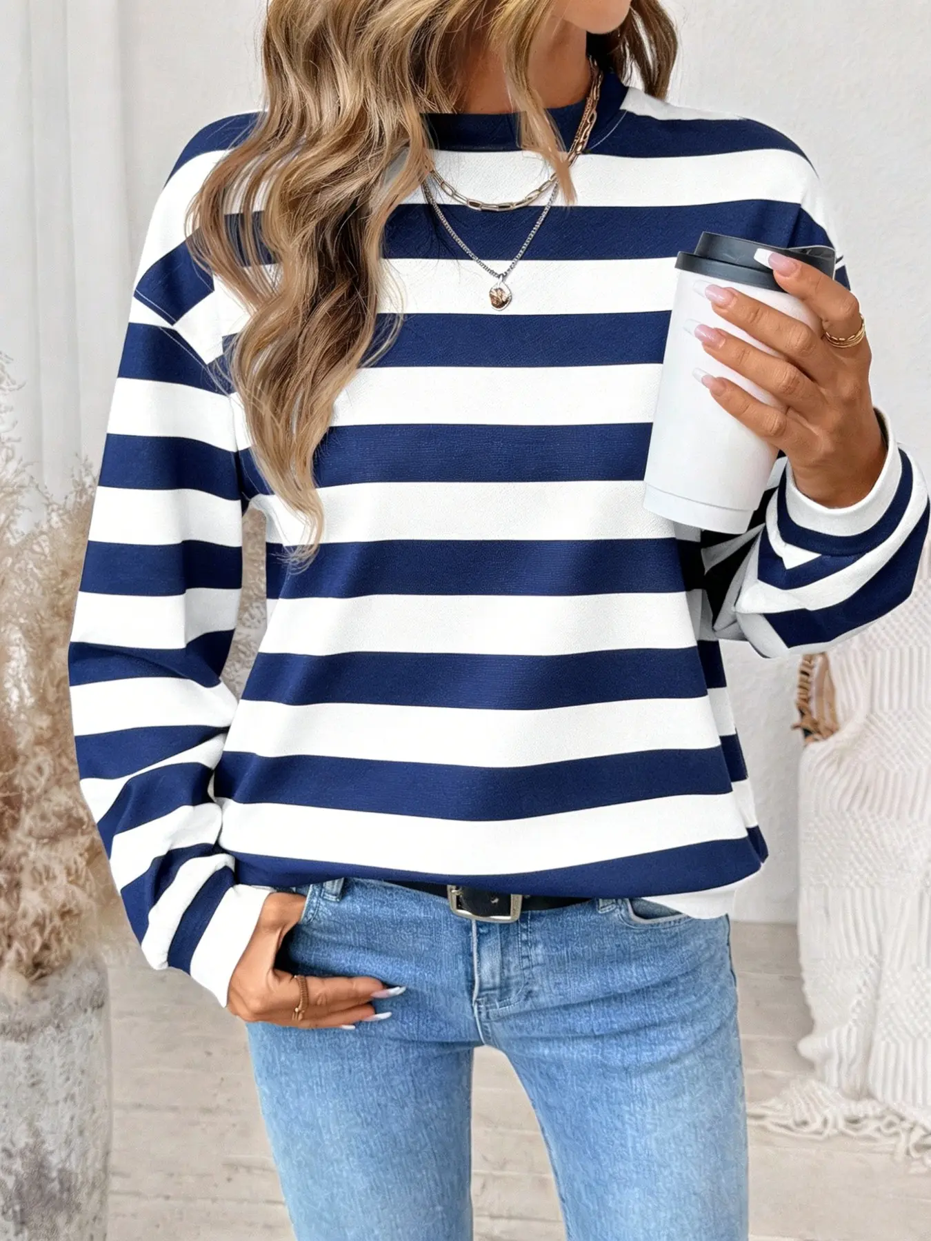 Women's Cozy Oversized Striped Sweatshirt | Classic navy & white nautical style, soft comfy casual pullover perfect for daily streetwear & loungewear
