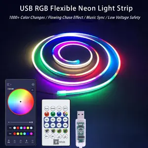 USB RGB Flexible Neon Light Strip with App Control 1000+ Color Changes Flowing Chase Effect Music Sync Low Voltage Safety for TV Computer Bedroom Living Room Night Lamp Decorative LED TV Background Light