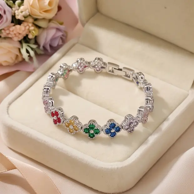 Bracelet, rainbow multicolor zirconia lucky four-leaf clover chain tennis bracelet, silver-plated women’s jewelry for everyday wear, casual occasions, parties, and vacations