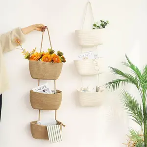 Over the Door Hanging Basket 3-Tier Woven Cotton Wall-Mounted Storage Organizer Bag Decorative Nursery Baskets Jute for Baby Toys & Diapers