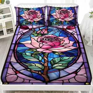 Fitted Sheet 3-Piece Set - 2D Flat Printed Stained Glass Rose Pattern Mattress Covers, Available in 10 Sizes (1 fitted sheet + 2 pillowcases, no insert). skin-friendly and breathable bedding, suitable for family bedrooms .
