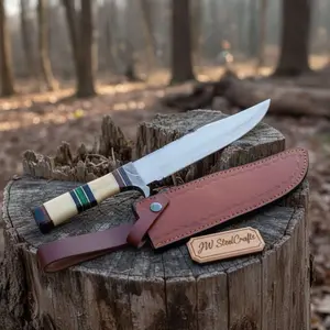 Frontier Bowie Knife, Jim Bowie Style Clip Point Knife, Hand Forged Mirror Polish Blade, Stacked Bone Handle, Traditional American Bowie with Leather Sheath
