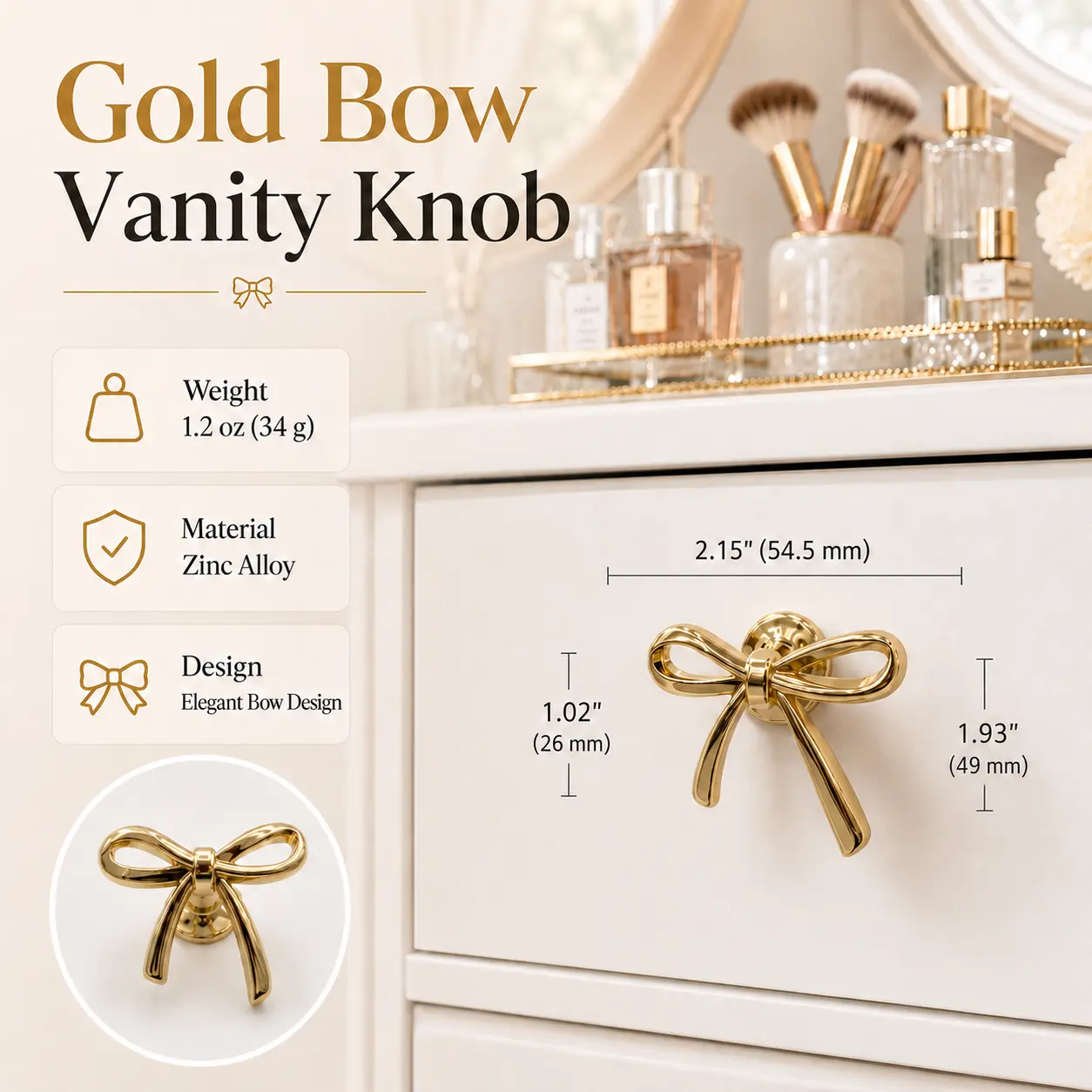 FUSOU 15Pcs Gold Bow Vanity Drawer Knob, Zinc Alloy, Dresser Drawer Handles, Cabinet Knobs, Drawer Pulls, Furniture Hardware, Decorative Furniture Knobs, Replacement Cabinet Handles, Drawer Knobs with Screws