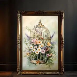Floral Birdcage Wall Art, Vintage Painting, Nature Inspired Home Decor, Garden Flowers Art Print, Rustic Wall Decor, Shabby Chic, Unframed