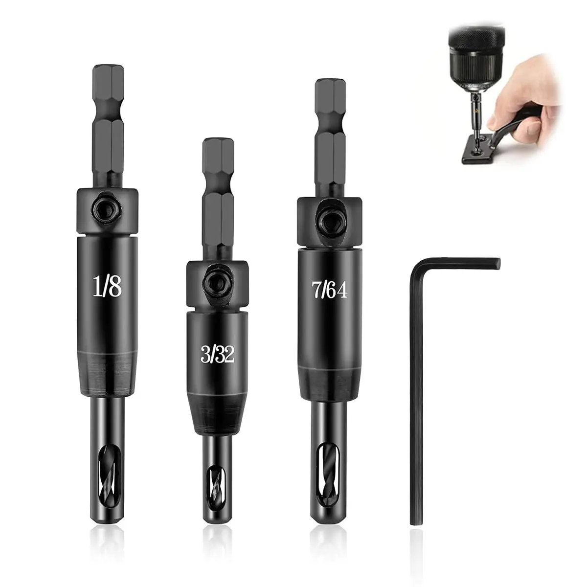 Upgraded Self-Centering Hinge Drill Bit Set, Bit Self Centering Drill Bit 3/32" 7/64" 1/8" Inch Hex Shank for Precise Cabinet & Door Installation, Drilling Pilot Holes toolupgrade