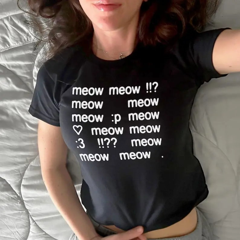[Sale off up to 50%] Meow Y2K Baby Tee, 2000s Emoticon :3 Tee, Silly Text Coquette Kitten Cute Trendy Shirt, Y2K Kawaii Top McBling Aesthetic, 2000s Retro TShirt