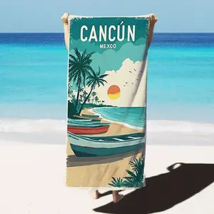 Mexican Cancun Vintage Travel Poster Print Quick-Dry Beach Towel, Non-Shedding Water- Absorbent Bath Sheet, Portable Vacation Towel