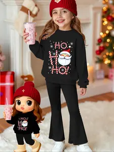 Girls' Fashion Christmas Set, Santa Candy Cane Print Sweatshirt + Casual Bell Bottom Pants, Fall & Winter Fitted