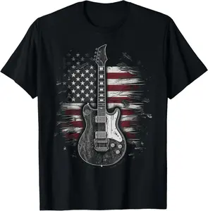 Casual Cotton shortsleeve tees American Flag Guitar Rock Music USA Flag Gift for Guitarist T-Shirt