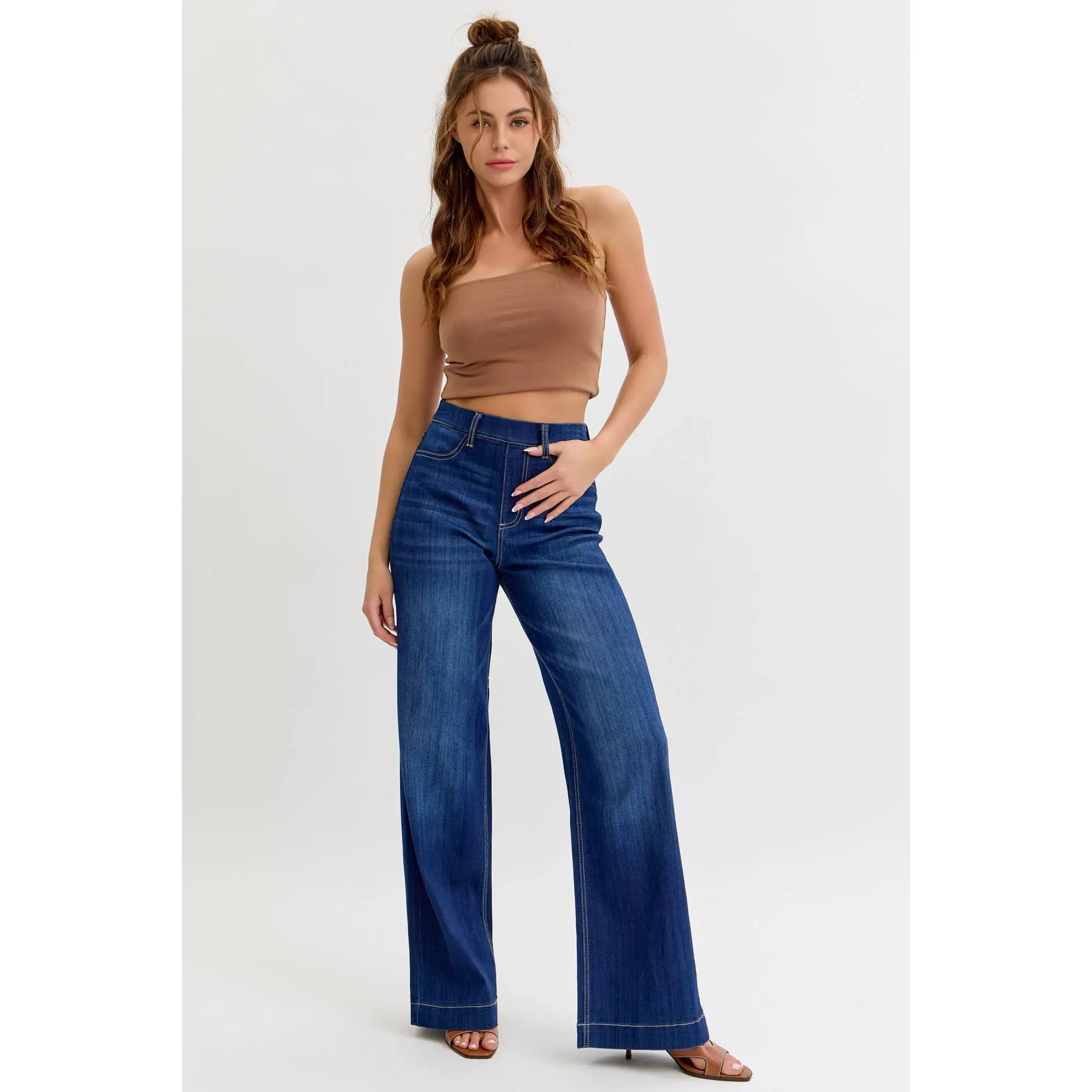 Cello Comfort Dark High Rise Pull-On Wide Leg Denim