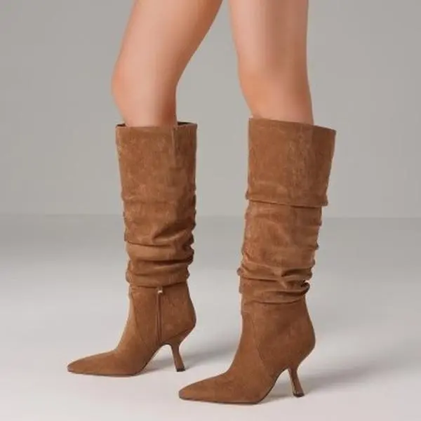 Women's Wide Calf Suede Knee High Boots camel or chocolate color Slouchy Boot Kitten High Pointed Toe Side Zipper
