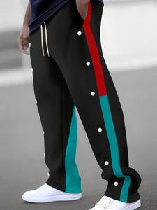 men's colorblock drawstring waist pants, regular fit casual comfy pocket trousers for daily wear, men's all-match trousers for all seasons