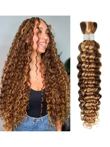 Human Braiding Hair Deep Wave Texture Bulk, No Weft 2 Bundles 100g, Wet & Wavy, Boho Braids, Brazilian Virgin Curly, 16-28 Inch, Human Hair Extensions