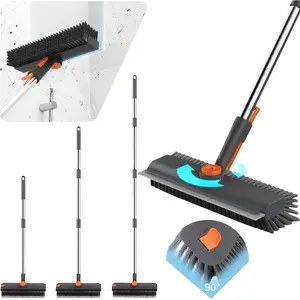 Floor Scrub Brush with Long Handle, 3in 1 Heavy-Duty Stiff 90° Bristle Floor Scrubber Broom with Squeegee And Tweezer for Cleaning Tile Wall Deck Bathroom Patio Garage Kitchen Patio