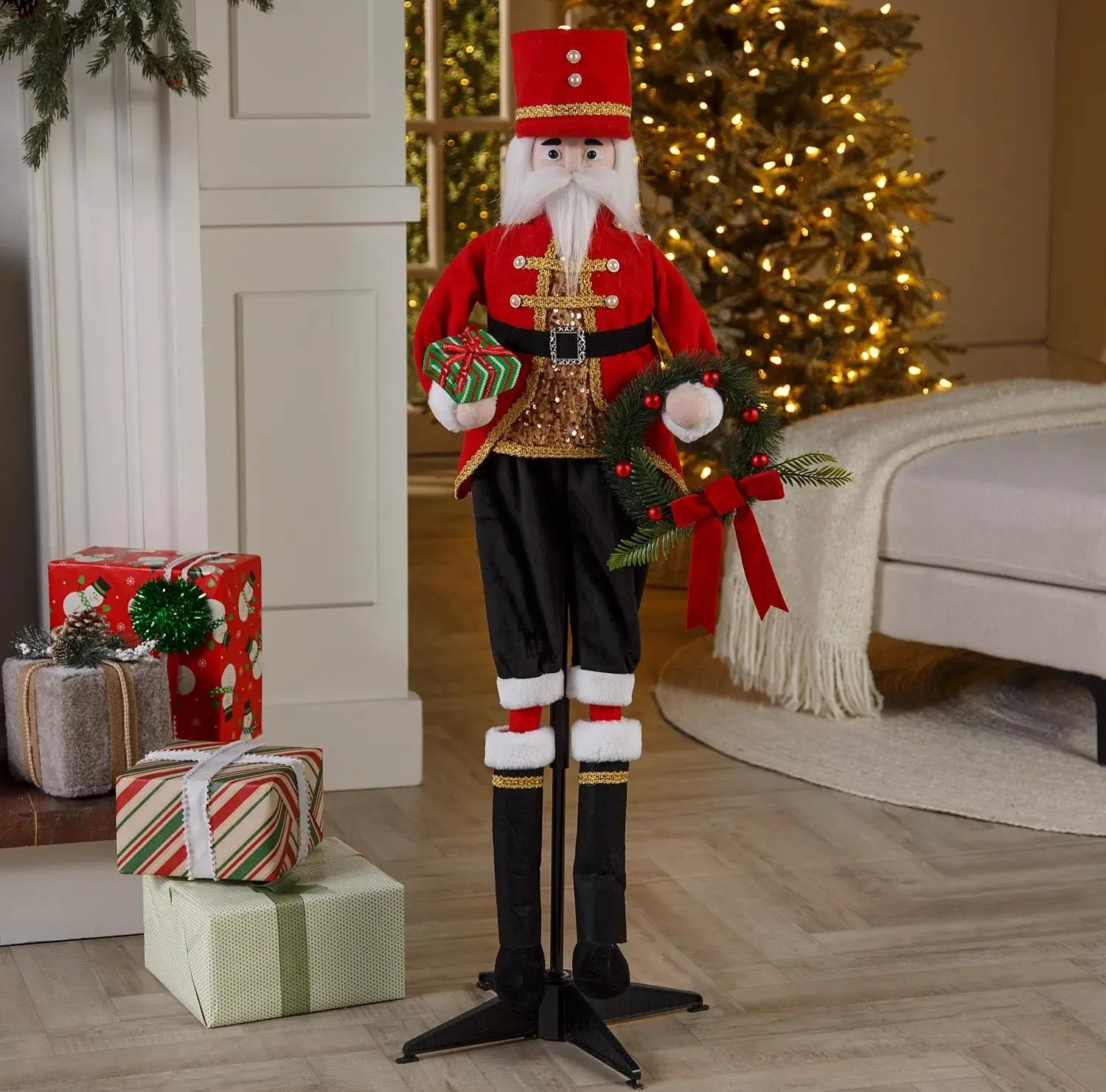 46 Inch Animated Christmas Nutcracker Soldier with Wreath Holiday Decor