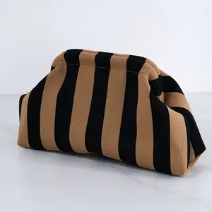 Women’s Striped Woven Clutch Bag, Knitted Cloud Dumpling Handbag, Elegant Casual Vacation Purse