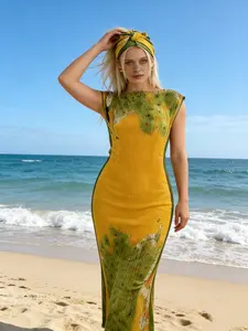 1dress+1headscarf Lemon Yellow High Stretch Green Peacock Print Pleated Bodycon Maxi Dress with Matching Headscarf – Sleeveless Printed Formal Gown, Plus Size Friendly, Elegant Evening Wear for Weddings, Galas & Beach Vacations, One Size Fits Most