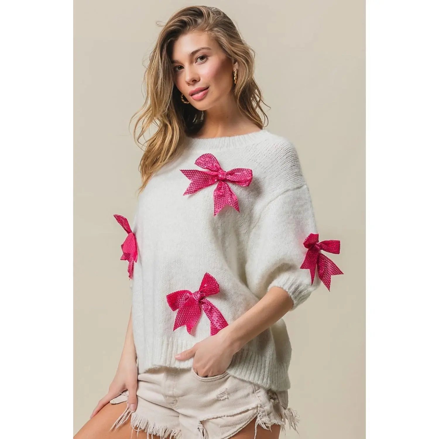 BiBi Sequin Bow Puff Sleeve Sweater