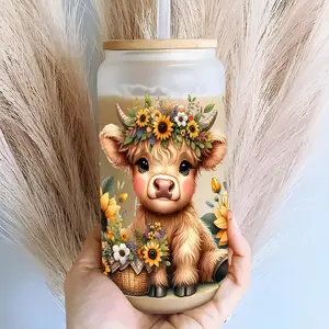Sunflower Highland Cow Pattern Glass Cup, 16oz Reusable Drinking Cup with Lid & Straw, Drinking Cup for Home Office Use, Stylish Drinkware, Clear Glass Cup, Cute Glass Cup