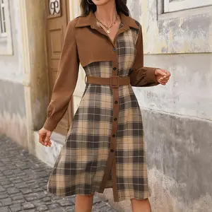 Women’s autumn/winter casual office retro-style shirt-collar plaid-paneled dress