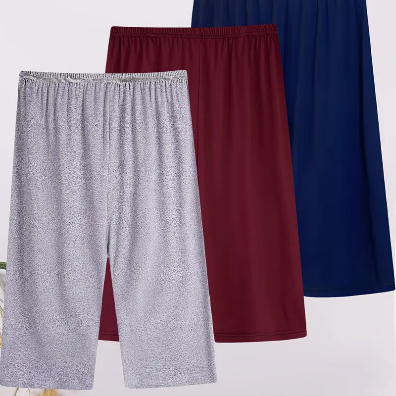 3-Pack Solid Color 7/8 Pants, Plus Size Summer Sleepwear, Loose-Fit Casual Home Wear Loungewear, Thin Lightweight, Reusable Outdoor Shorts