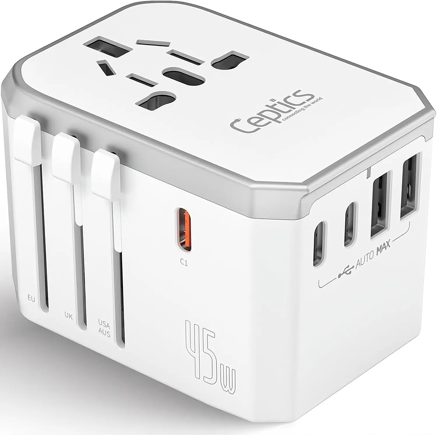 6-in-1 Universal Travel Adapter with 2X USB-A and 3X USB-C, 45W for Global Use, Compatible with US, EU, UK & More, White