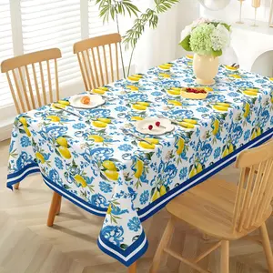 1 Piece of Vintage Lemon Floral Tablecloth - Made of Polyester Material, Round/rectangular, Machine Washable, Suitable for Home, Kitchen, Dining, Party, Holiday Decoration, Spring and Summer Kitchen Accessories