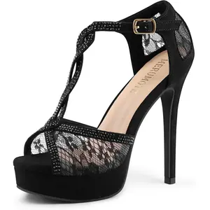 Women's Peep Toe Platform 5 inch Stiletto Heels Ankle Strap Lace Heels Sexy Prom Shoes