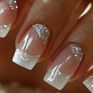 Press Nails Medium Square French Tip Nails 24Pcs Glossy Glue Nails White Brown Ombre Glitter Designs ABS Plastic False Nails