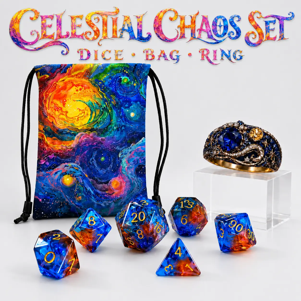Celestial Chaos DND Dice Set, 7PCS Blue Orange Polyhedral RPG Dice with Galaxy Drawstring Bag & Mystic Ring, Tabletop Game Collection Gift