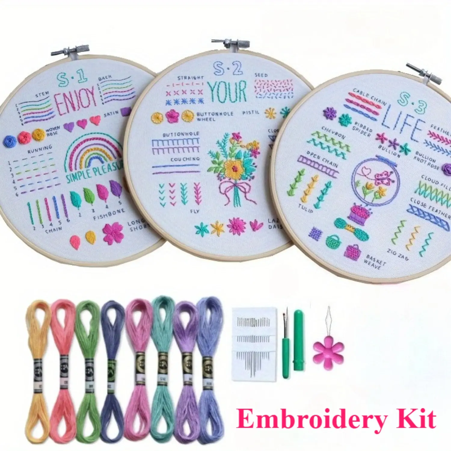 Pack of 3 Embroidery Set for Beginners and Adults,Learn 33 Stitches with DIY Stamped Flower Patterns,Includes Hoop,Color Threads,Tools,Halloween Christmas Party Gifts,Hand Tools Kits