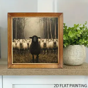 A Wooden Sign Featuring a Farmhouse Black Sheep for Easter, Measuring 8X8 Inches, Designed in a Vintage Cottage Style. It'S a Versatile, Non-Electric Desk Decoration And Makes a Perfect Gift for Easter.