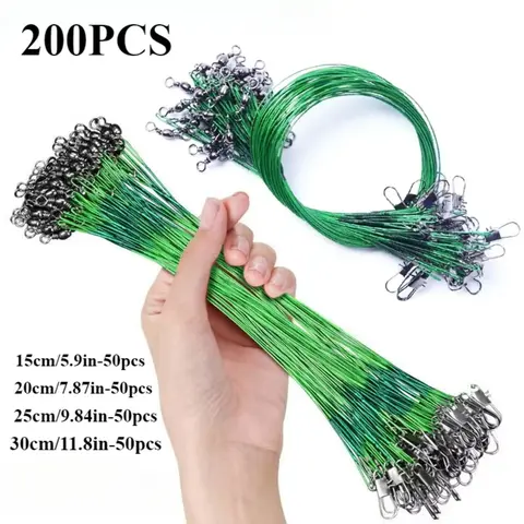 KLYVIONIS 200pcs Multi-Size Fishing Wire Leaders, Fishing Gear Tackle - Nylon Coated Steel Wire with Swivel Snaps Terminal Tackle, Available in 5.9in/7.87in/9.84in/11.8in (15cm/5.9in,20cm/7.9,30cm/11.8) Sizes