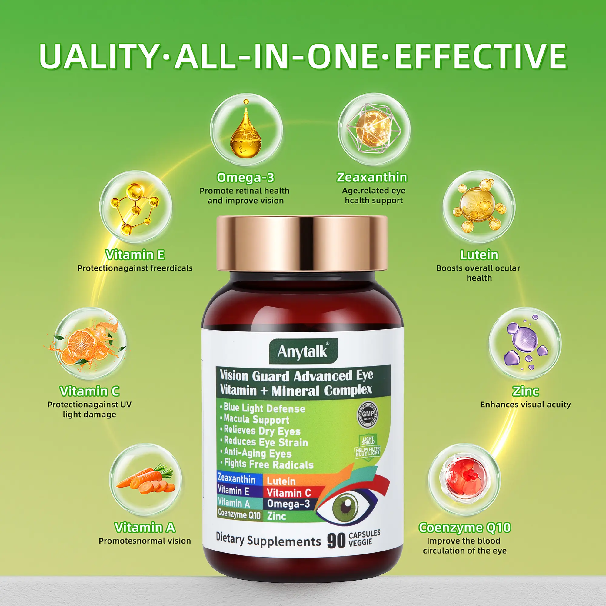 Anytalk Eye Vitamin Supplement - with Animal Ketone Zeaxanthin and Lutein  to Support Eye Health - Healthcare Supplement Fitness Dietary - 90 Capsules 