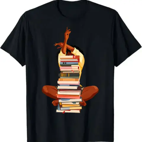 Men's Classic Short-Sleeve Round Neck T-Shirt, Afro Woman & Books Print, Soft Breathable Cotton, Regular Fit, Reinforced Hem, Double-Stitching, Father's Day, Christmas, Bookish Pride, Lasting Shape Retention, Machine Washable Casual Top