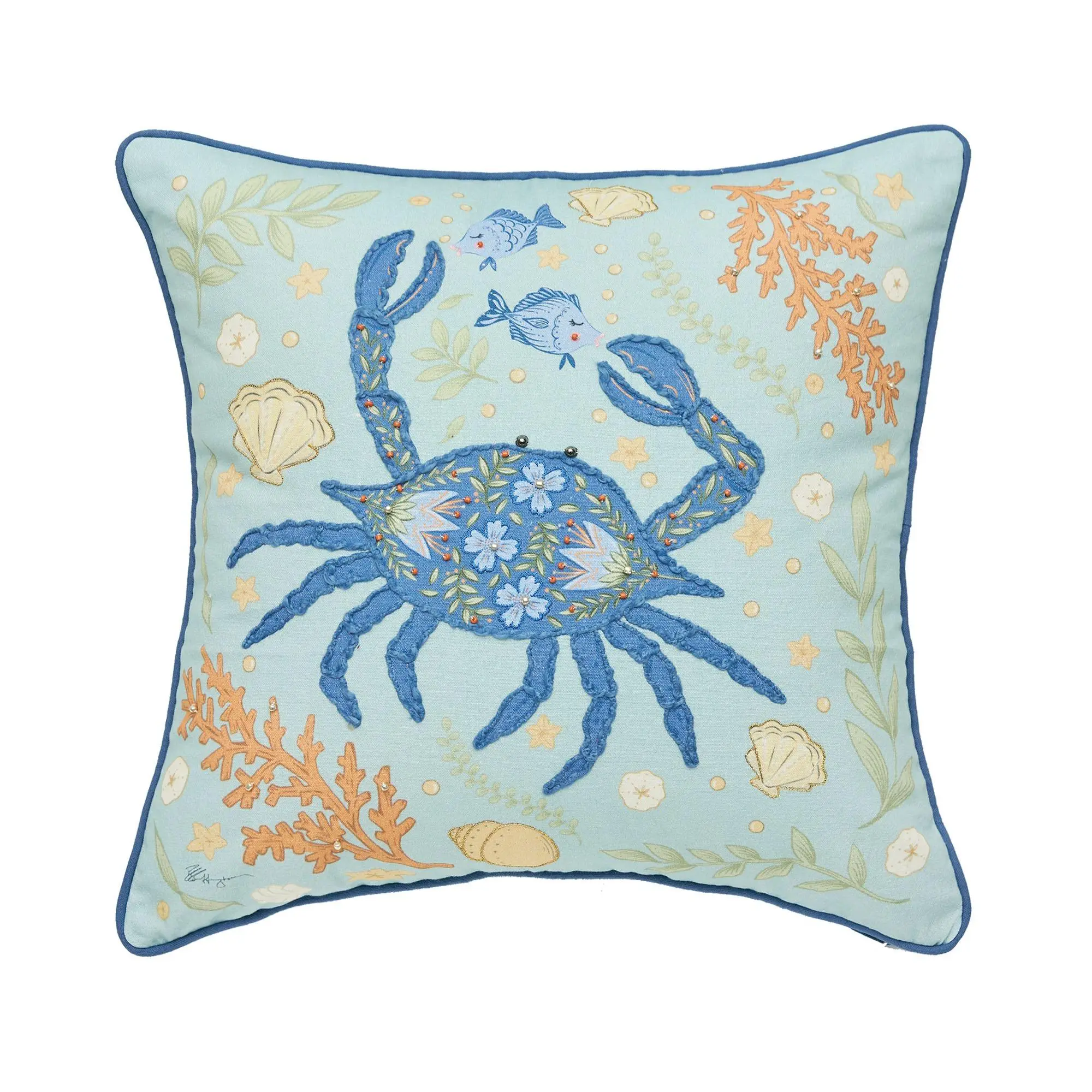 18" x 18" Blue Crab Coral Pillow by Valerie