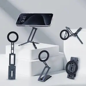 Magnetic Phone Tripod Stand for iPhone/smartphone, Foldable Base with Gimbal, Selfie Video Recording, Hands-Free Desktop Holder, Adjustable Phone Stand