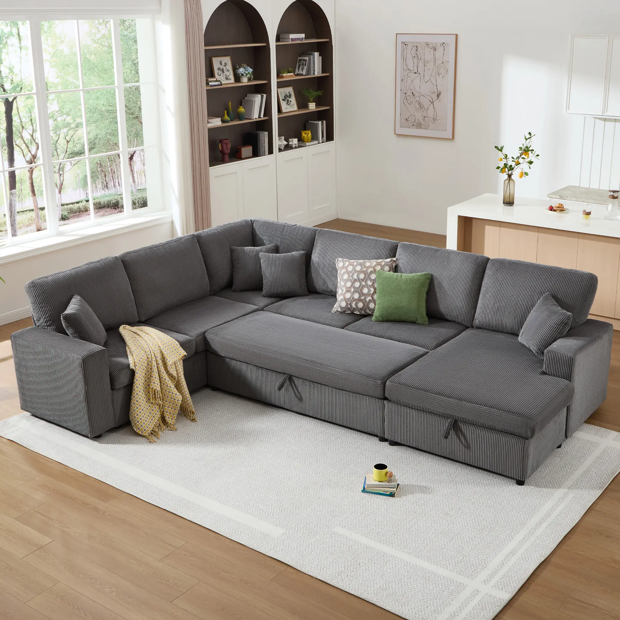 [Ships in 3 Boxes] [Summerwins] [SummerFinds] AMERLIFE 129 Inch Sectional Couches for Living Room, Sectional Couch with Storage & Ottoman, Modular Sectional Sofa Converts to Sleeper, Cloud Couch Sectional for Large Space