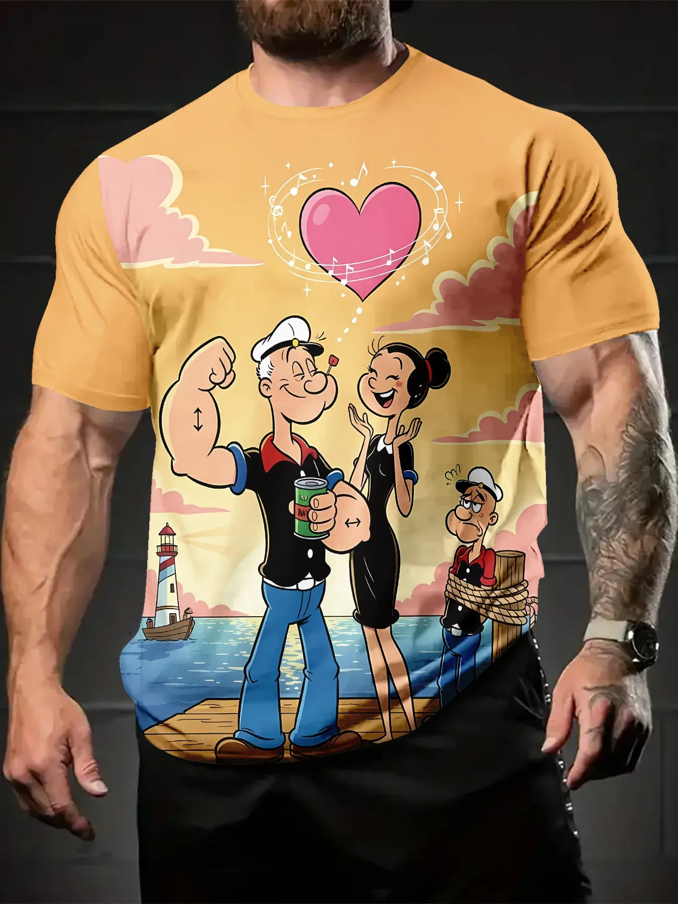 Popeye is spreading sweetness! Love confession 3D digital printed T-shirt, casual graphic top, streetwear, tops and versatile sporty men's crew neck short sleeves, suitable for daily wear, a perfect holiday gift for men