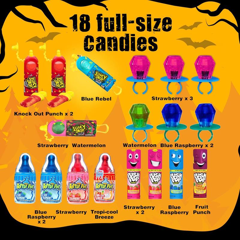 Halloween Candy Variety Pack, 18Ct Assorted Lollipops, Bulk Individually Wrapped Ring Pop, Push Pop, Baby Bottle Pop & Juicy Drop, Birthday Party Favors, Trick or Treat, Halloween Bowls, Kids Gifts
