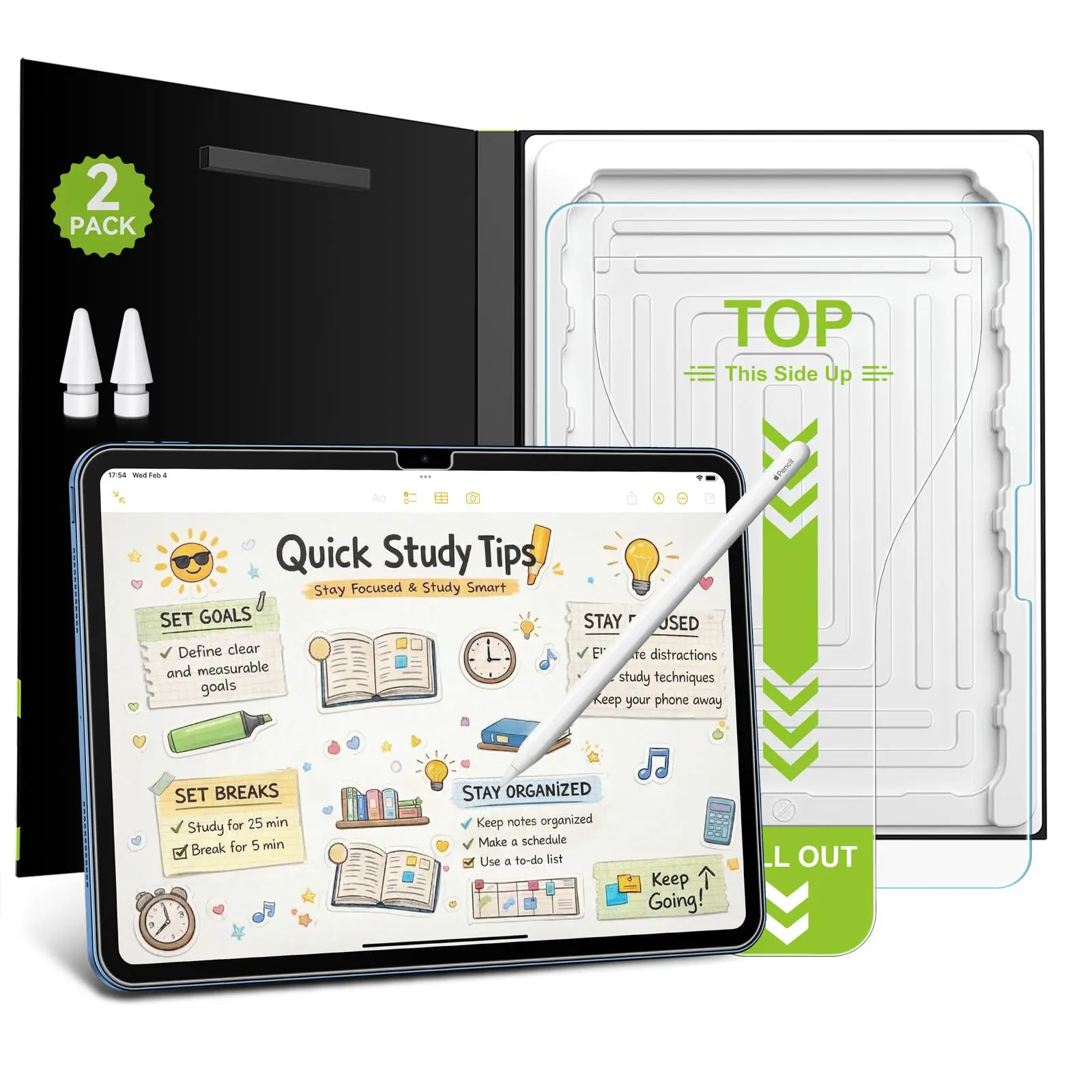 Esanik 2‑Pack Like Paper Tempered Glass Screen Protector for iPad, Matte Paper‑Feel Writing Drawing Film, Anti‑Glare, Easy Install Tray & 2 Pencil Tips, Compatible with iPad Pro 11/13 Inch 2024, iPad Air 11/13 Inch 2024, iPad 10.9", iPad Mini 8.3"