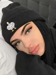 Cartoon Muscular Duck Embroidery Beanie, Unisex Winter Hat, Fitted Casual Style, Fall & Winter Outdoor Knit Caps for Men & Women