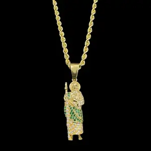 14K SET SEMI SOLID ROPE CHAIN AND ICED OUT SAN JUDAS 18"