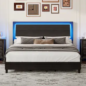 Wood Bed Frame with RGBW LED Light, Mid-Century Platform Bed with Floating Headboard and Solid Wood Legs, No Box Spring Needed, Easy Assembly