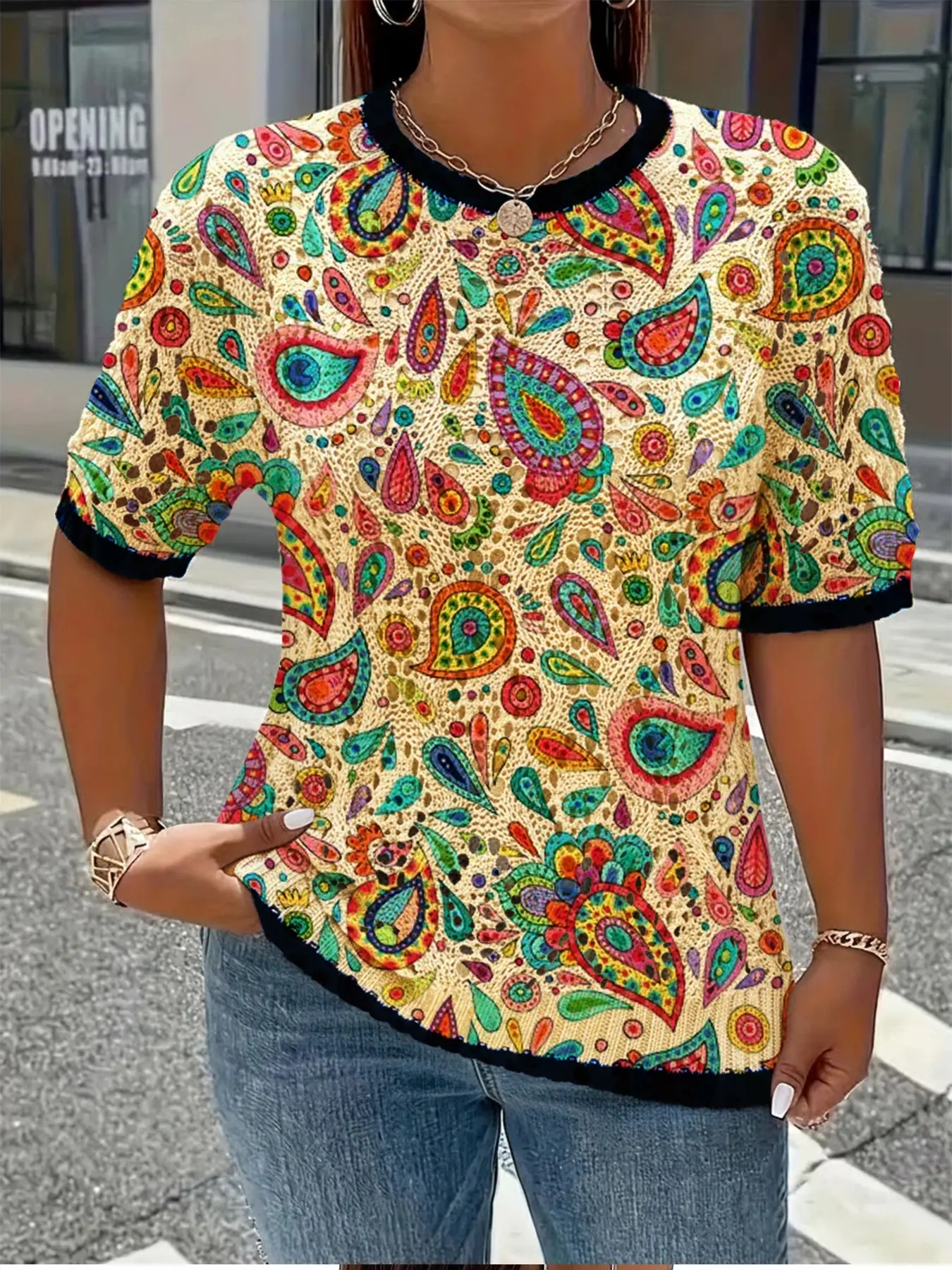 Women's Spring Summer New Paisley Geometric Colorblock Print Round Neck Short Sleeve Knit Sweater, Casual Comfortable Breathable
