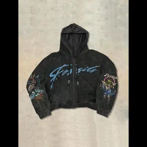 Men's Vintage Angel & Letter Embroidery Zip Up Hooded Jacket, Regular Fit Casual Retro Long Sleeve Outerwear for Fall & Winter, Men's Clothes for Daily Wear, Sweatshirts