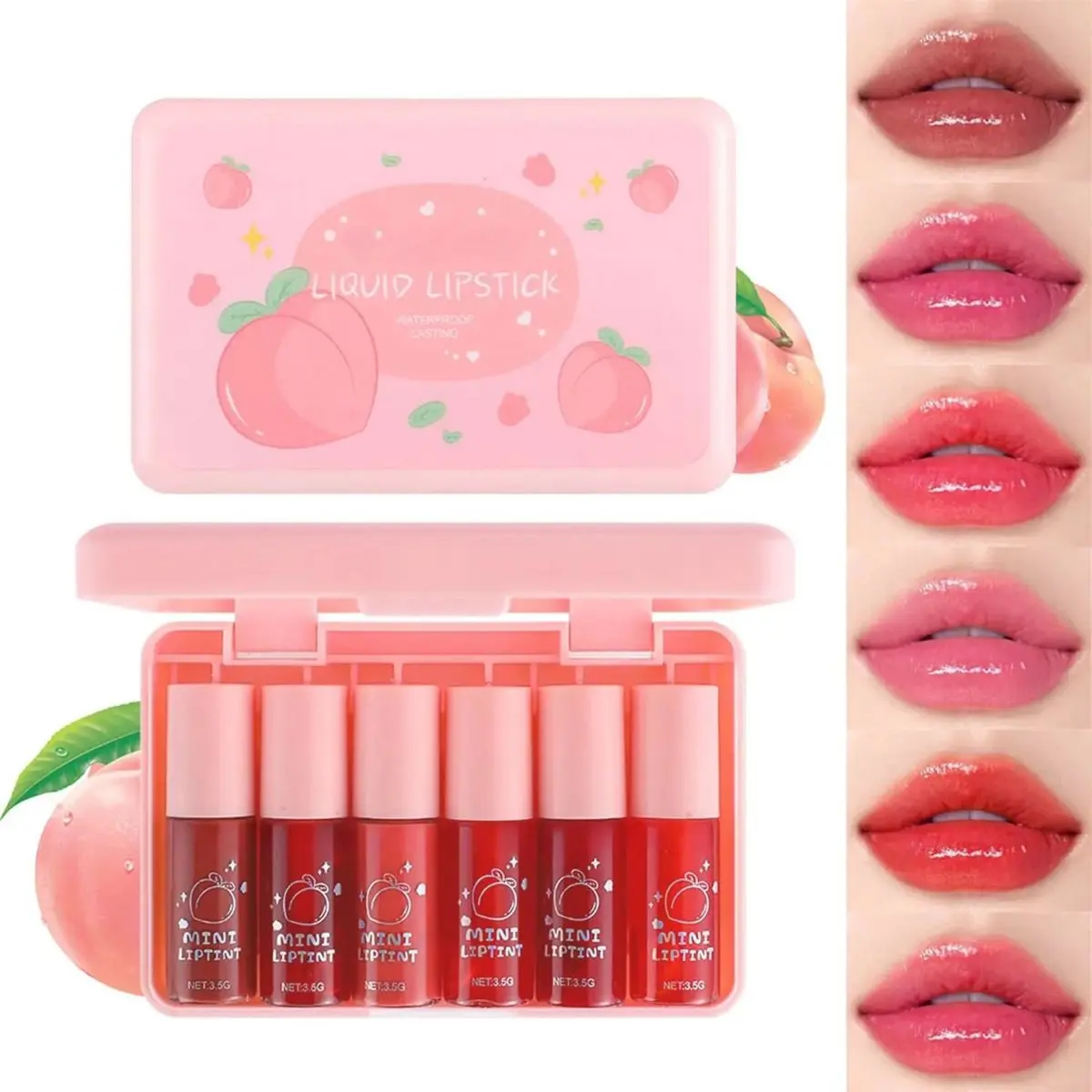 6 Colors Peach Lip Stain Set, Korean Lip Gloss Mini Liquid Lip Tint, Lipstick for Women, Liquid Blush, Lip Stain Long Lasting Waterproof, High Pigment, Vivid Color, Cute Stuff