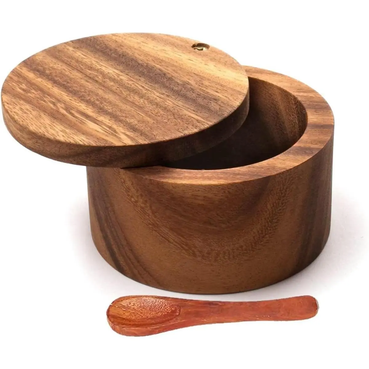 Acacia Wood Salt or Spice Box with Swivel Cover perfect for keeping table salt, gourmet salts, herbs or favorite seasonings, close at hand on your countertop product .