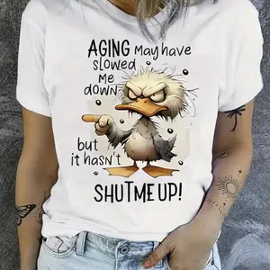 1pc Women's 100% Cotton T-Shirt with Duck Graphic Print & Humorous Slogan - Breathable Loose Fit Round Neck Short Sleeve Tee for Casual Wear, Outdoor Sports, Holiday Gift, Allseason Apparel |   Cartoon Design |   Knit Construction