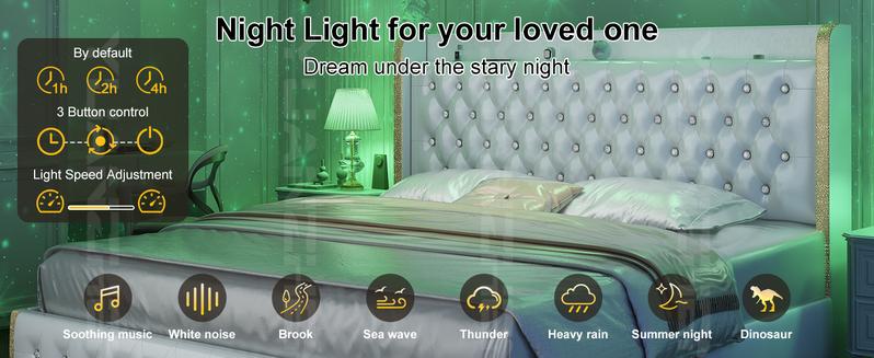 Queen LED Bed Frame with Galaxy Projector, Bluetooth Speakers, 4 Storage Drawers, PU Leather Upholstered – Smart RGB Light Bed for Gaming & Bedroom Decor | Cama LED Queen